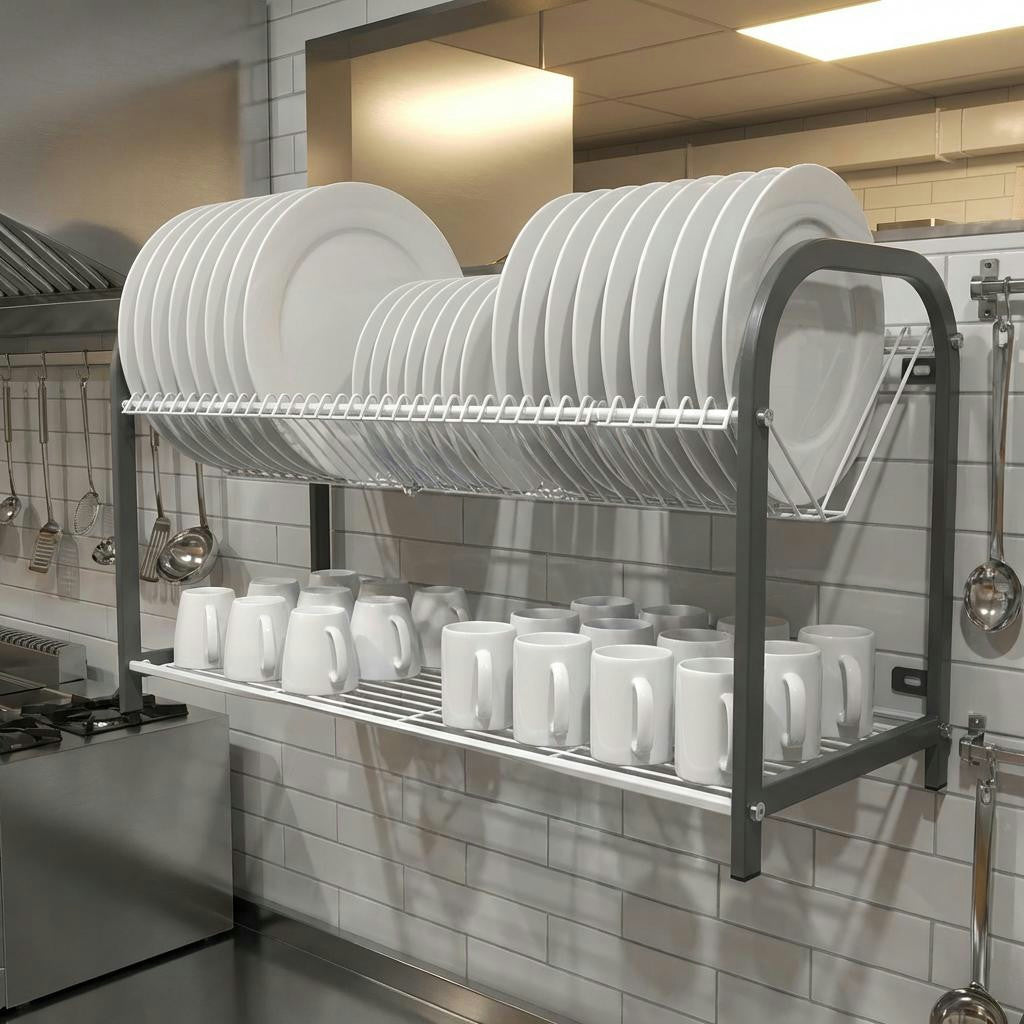 Wall-Mounted Crockery Rack – 1105mm | 2 Shelf | 53 Plates & Cup Shelf
