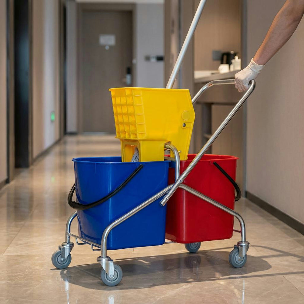 Plastic Double Bucket & Wringer 2 — 25L | Metal Frame Cleaning Trolley ...