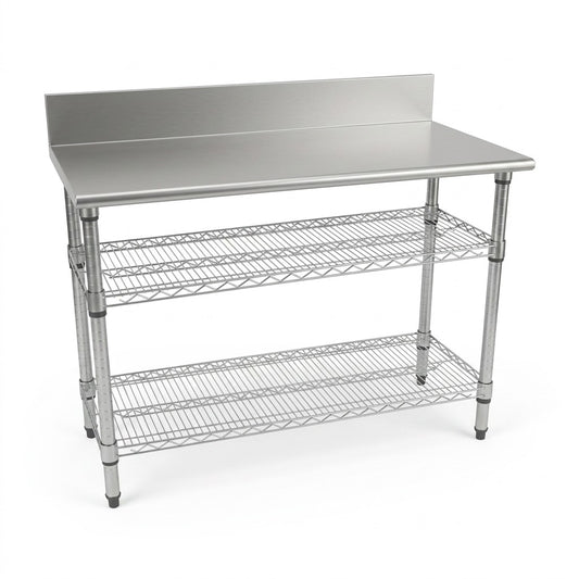 Stainless Steel 2-Tier Work Table with Splashback - 1300 x 690 x 870mm