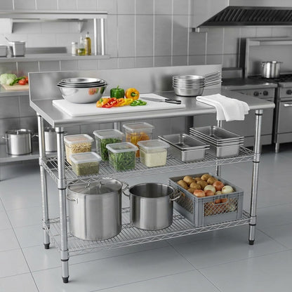 Stainless Steel 2-Tier Work Table with Splashback - 1300 x 690 x 870mm
