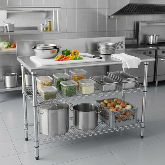 Stainless Steel 2-Tier Work Table with Splashback - 1300 x 690 x 870mm